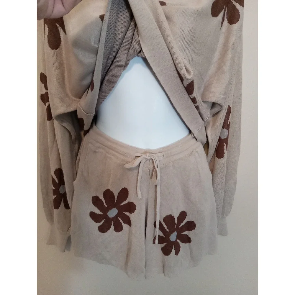 Ekouaer Light‎ Brown Dark Sunflowers Pajama Lounge Shorts/longleeve Knit Set S